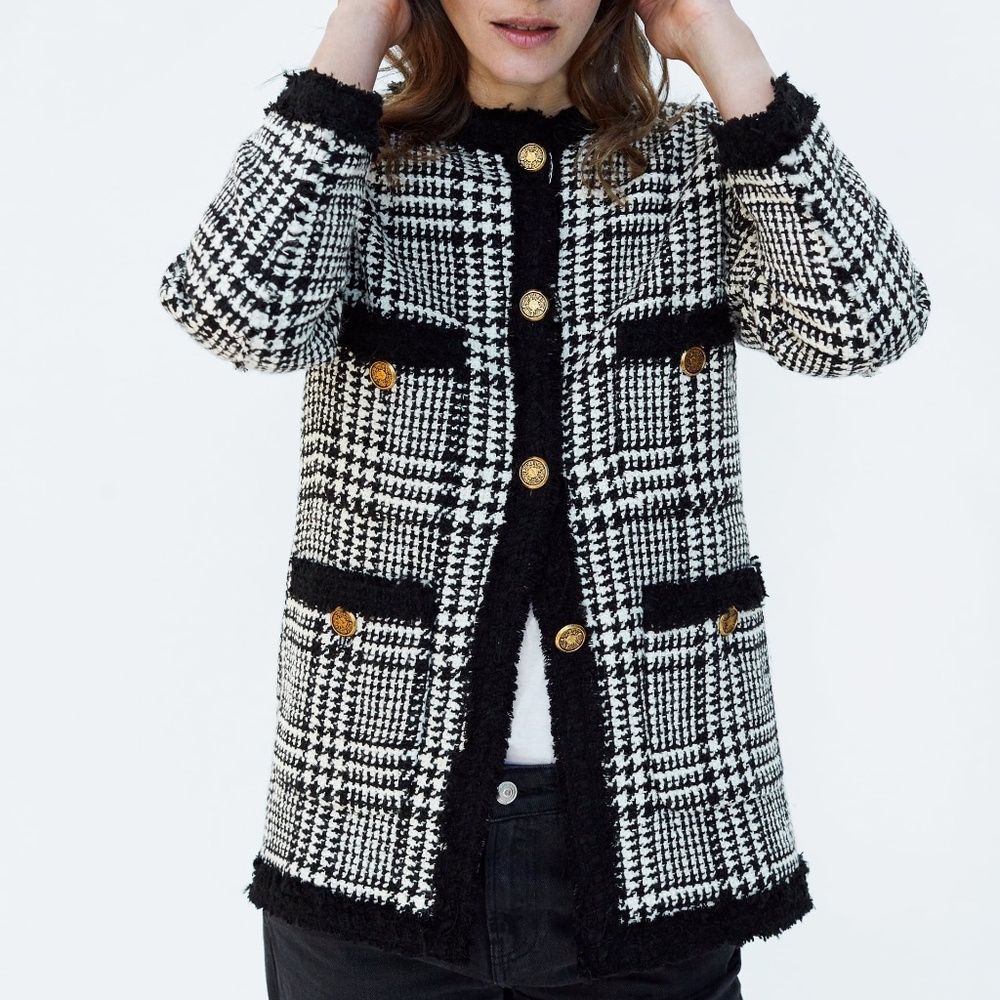 Zara Black and White Tweed Jacket Blazer with Gold Buttons